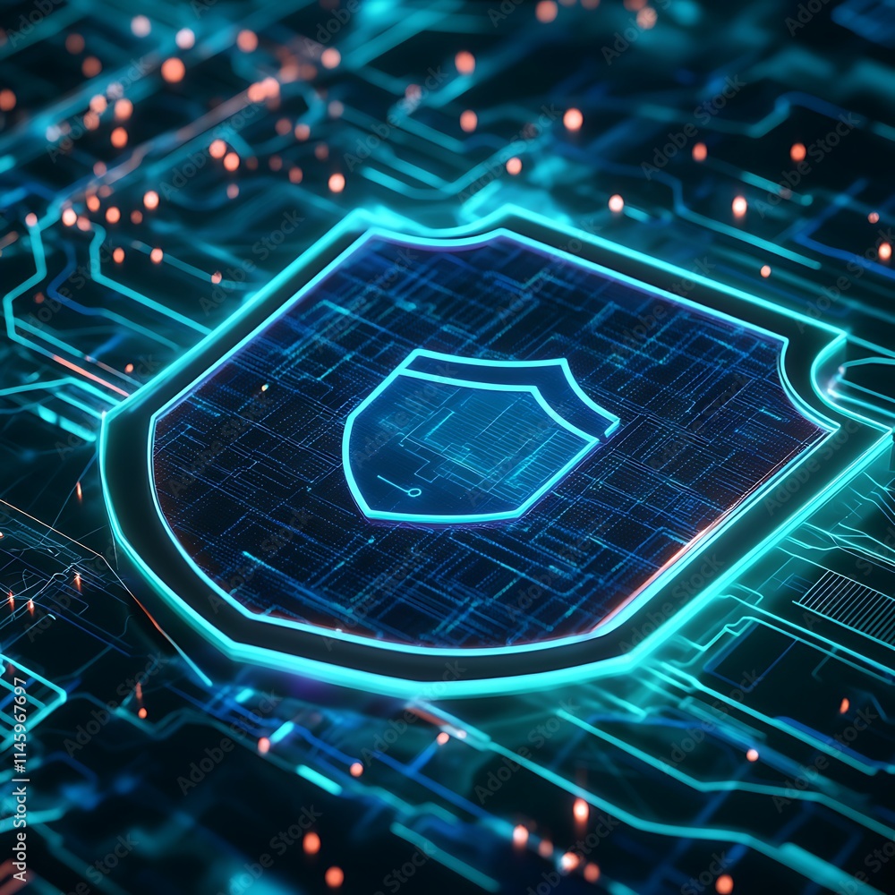 Poster futuristic digital shield technology on circuit board with glowing elements representing cybersecuri