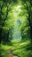Lush green forest path with sunlight filtering through trees