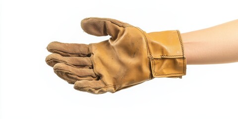 Hand holding a pair of construction gloves isolated against a white background, showcasing the gloves design and functionality for various building and renovation tasks. Construction gloves are