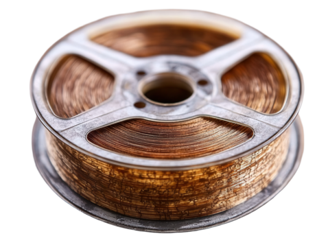 Spool of copper wire workshop high-quality image close-up transparent background industrial concept