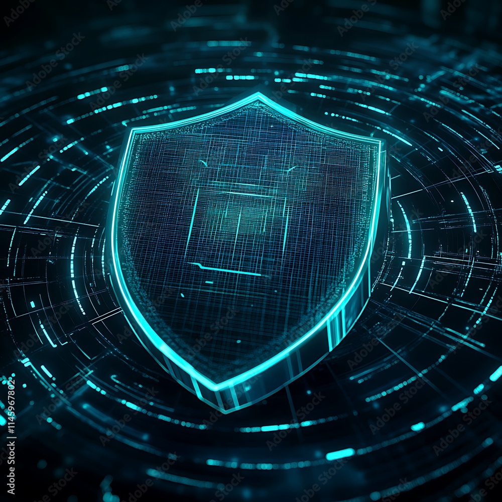 Poster futuristic digital shield with circuit patterns representing cybersecurity and data protection