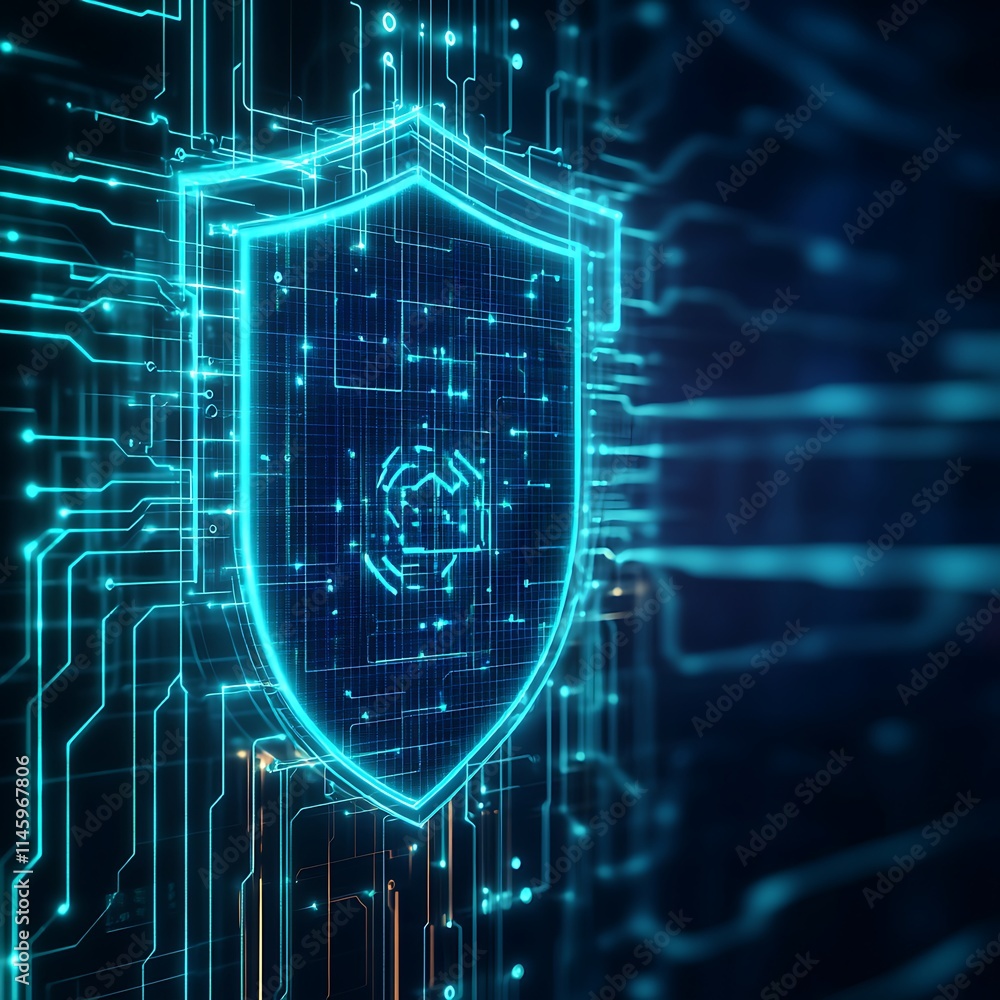 Poster futuristic digital shield with circuit lines and security symbol representing cyber protection conce