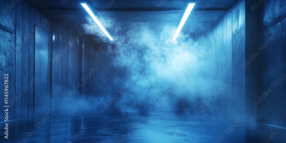 Poster a vertical image captures an empty room illuminated by blue lighting and filled with smoke, creating