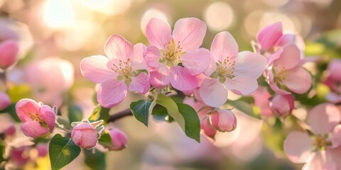 Obraz premium Springtime branches of flowering apple trees showcase beautiful pink flowers, creating a picturesque scene filled with the charm of blooming apple trees in full blossom.