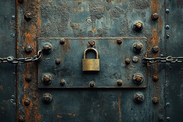 Rusty metal door secured with padlock and chain