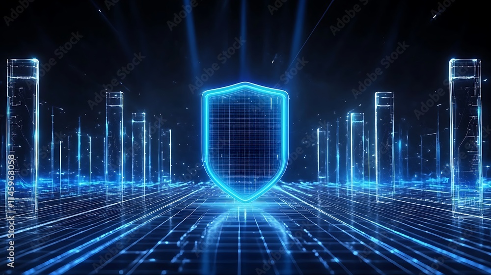 Poster futuristic digital shield with data flow in cybersecurity environment and abstract background