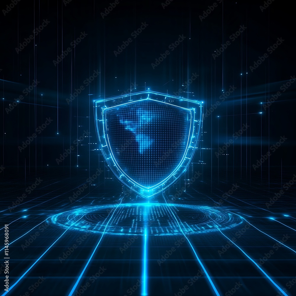 Poster futuristic digital shield with global map in cyber space representing data protection and security