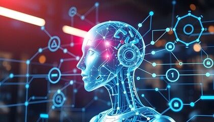 Futuristic robot head design showcasing advanced technology and digital connections in a modern environment