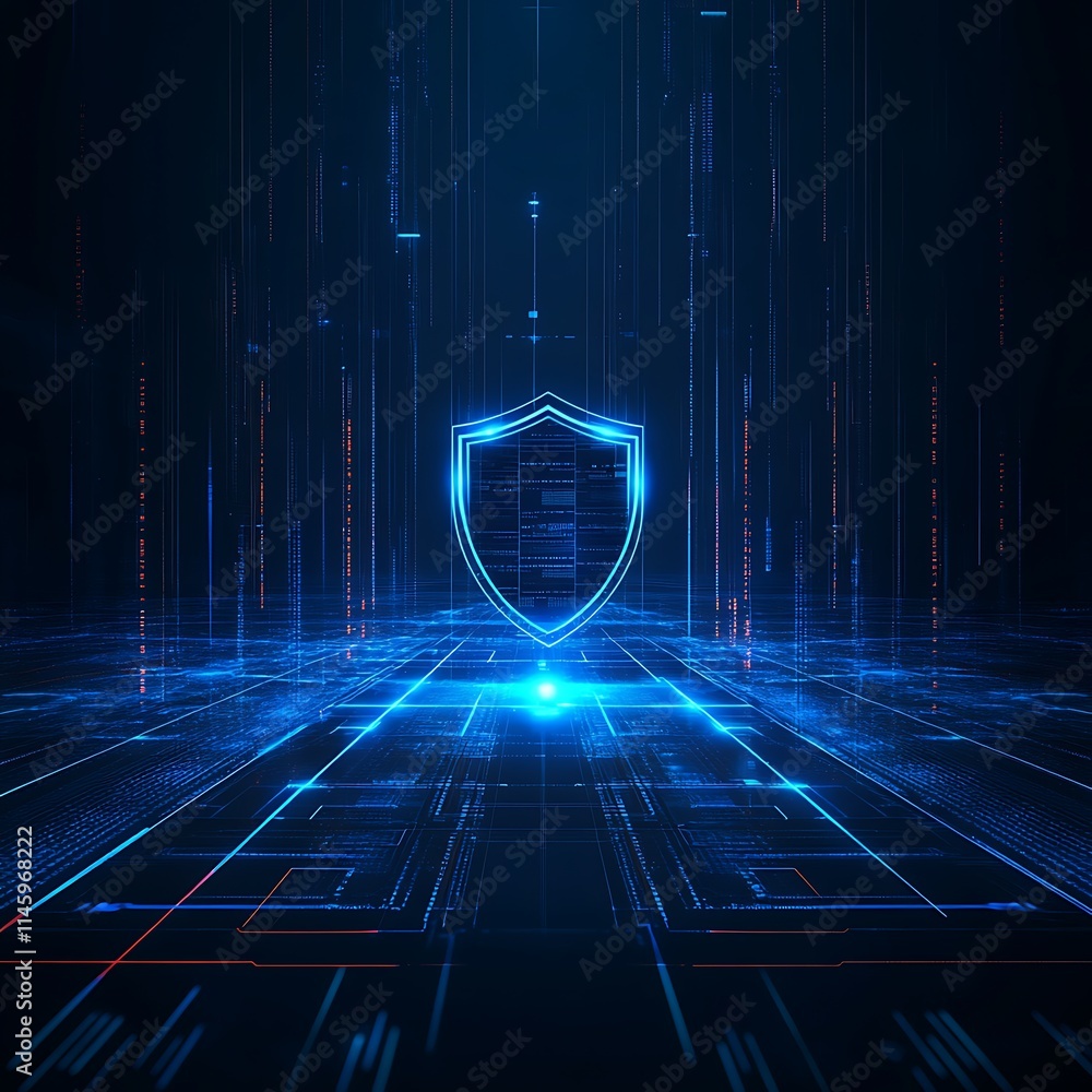 Poster futuristic digital shield with glowing lines and matrix background in cybersecurity concept illustra