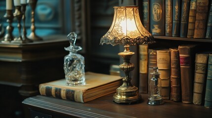 An antique brass lamp with an ornate design, casting soft light on a collection of vintage books and glass trinkets, filling the room with a sense of history