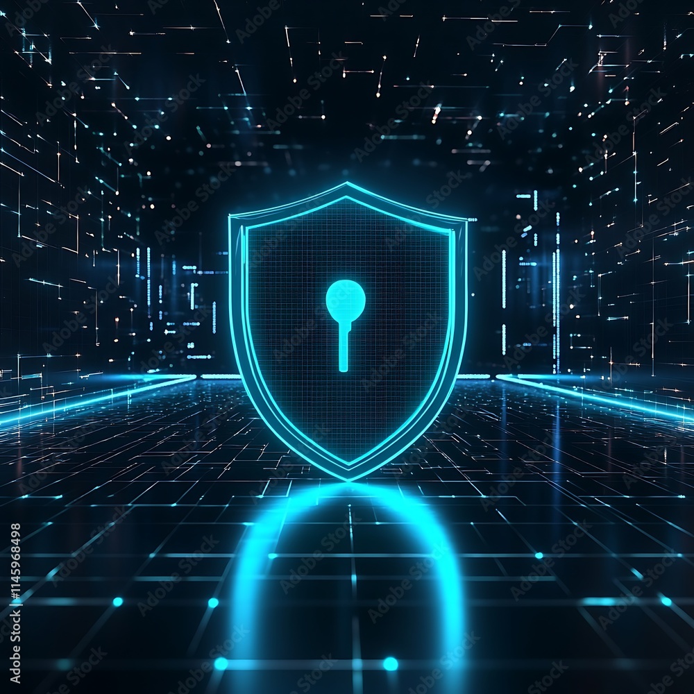 Poster futuristic digital shield with keyhole symbolizing cybersecurity and data protection in virtual spac