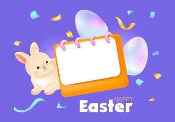 Spring Easter greeting card with 3D bunny, flip calendar, holographic coloring eggs and confetti. Template for sale offer. Holiday design ring calendar with copy space for text. Vector illustration