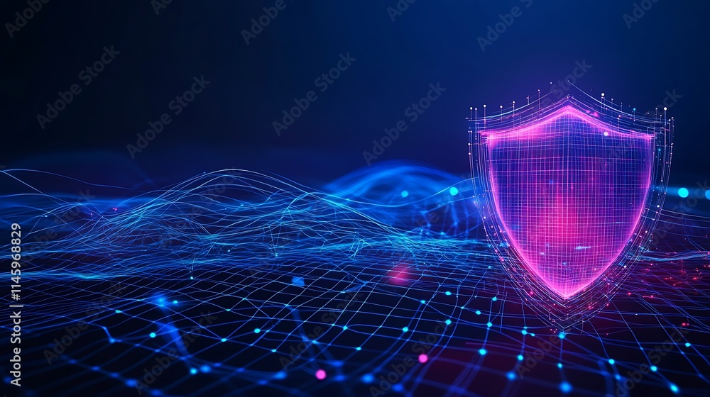 Poster futuristic digital shield with neon glow representing cybersecurity and data protection in technolog