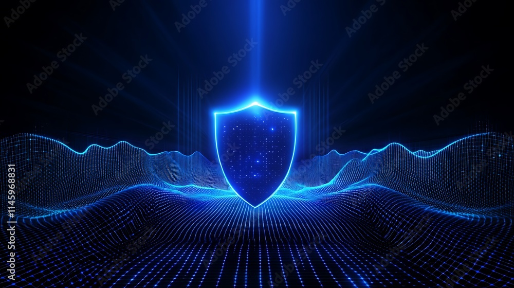 Poster futuristic digital shield with neon light and glowing particles in a cybersecurity concept backgroun