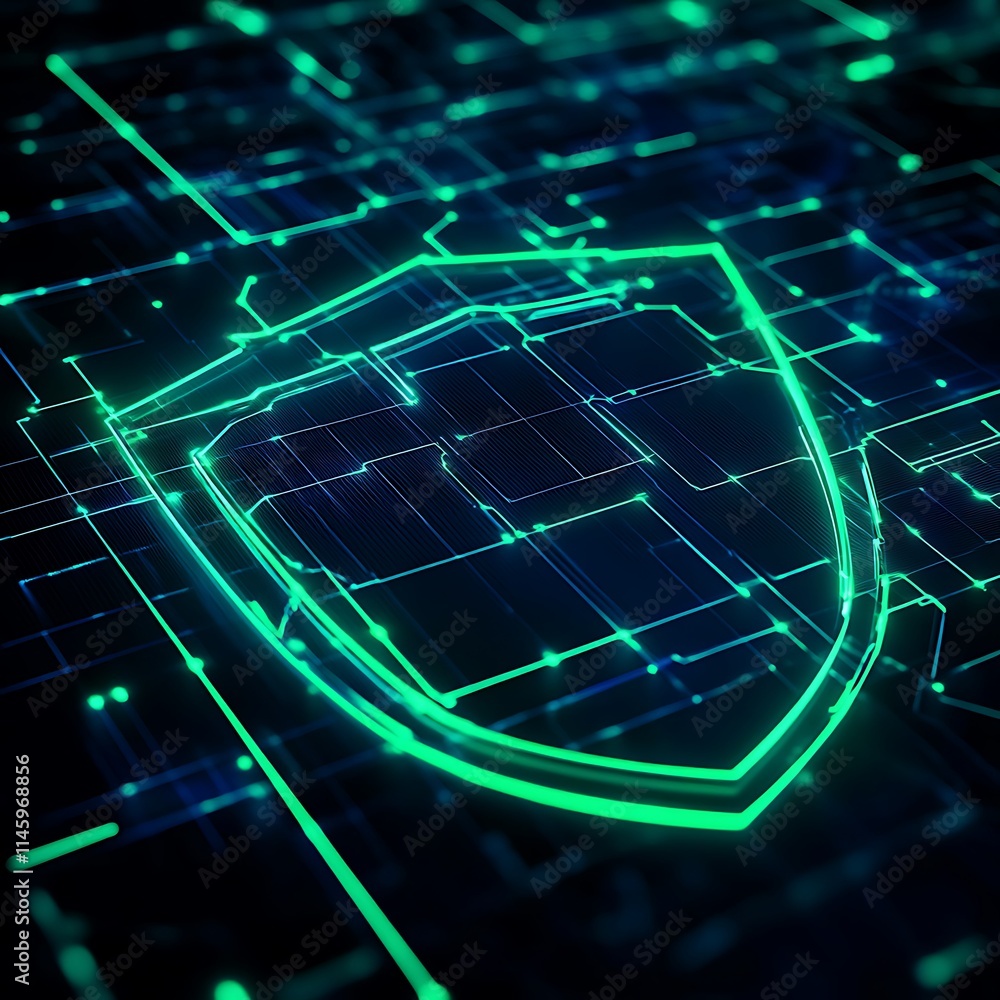 Poster futuristic digital shield with neon lines and grid background representing cybersecurity and protect