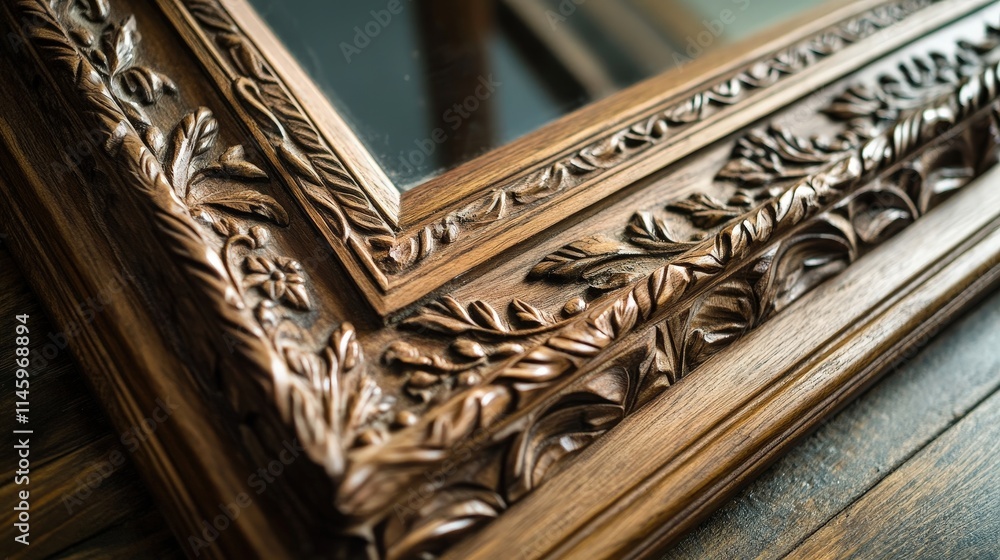 Poster an artisan carving a wooden frame for a mirror, using a combination of hand tools to create elegant 
