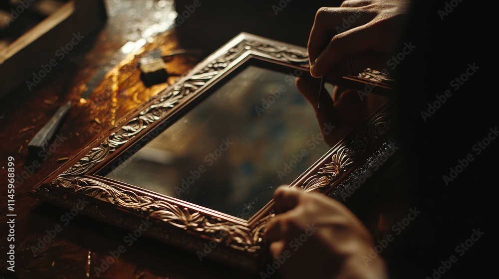 Poster an artisan carving a wooden frame for a mirror, using a combination of hand tools to create elegant 