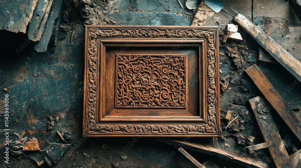 Poster an artisan carving a wooden frame for a mirror, using a combination of hand tools to create elegant 