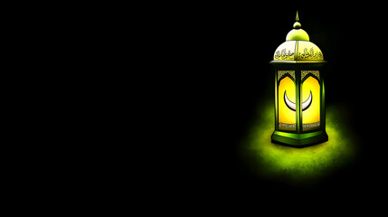 Vector illustration of a modern Ramadan kareem with a black background, gold lantern, moon, and calligraphy decorations