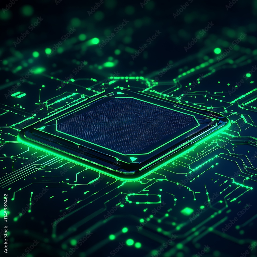 Poster futuristic microchip on circuit board with neon glow and abstract technology background