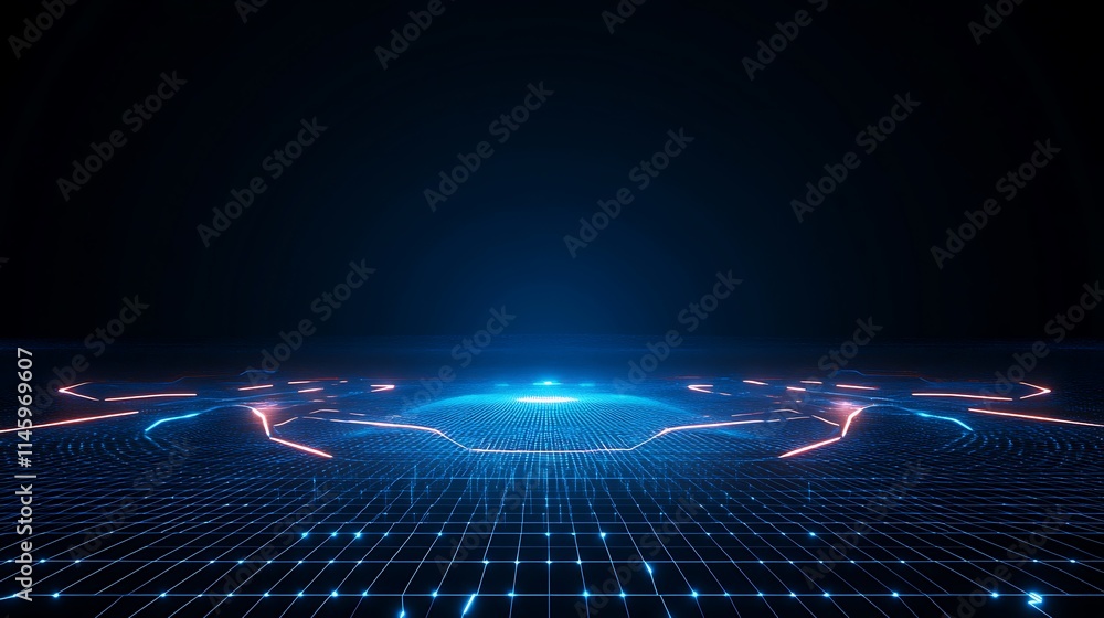 Poster futuristic neon grid landscape with glowing lines and digital texture in dark background