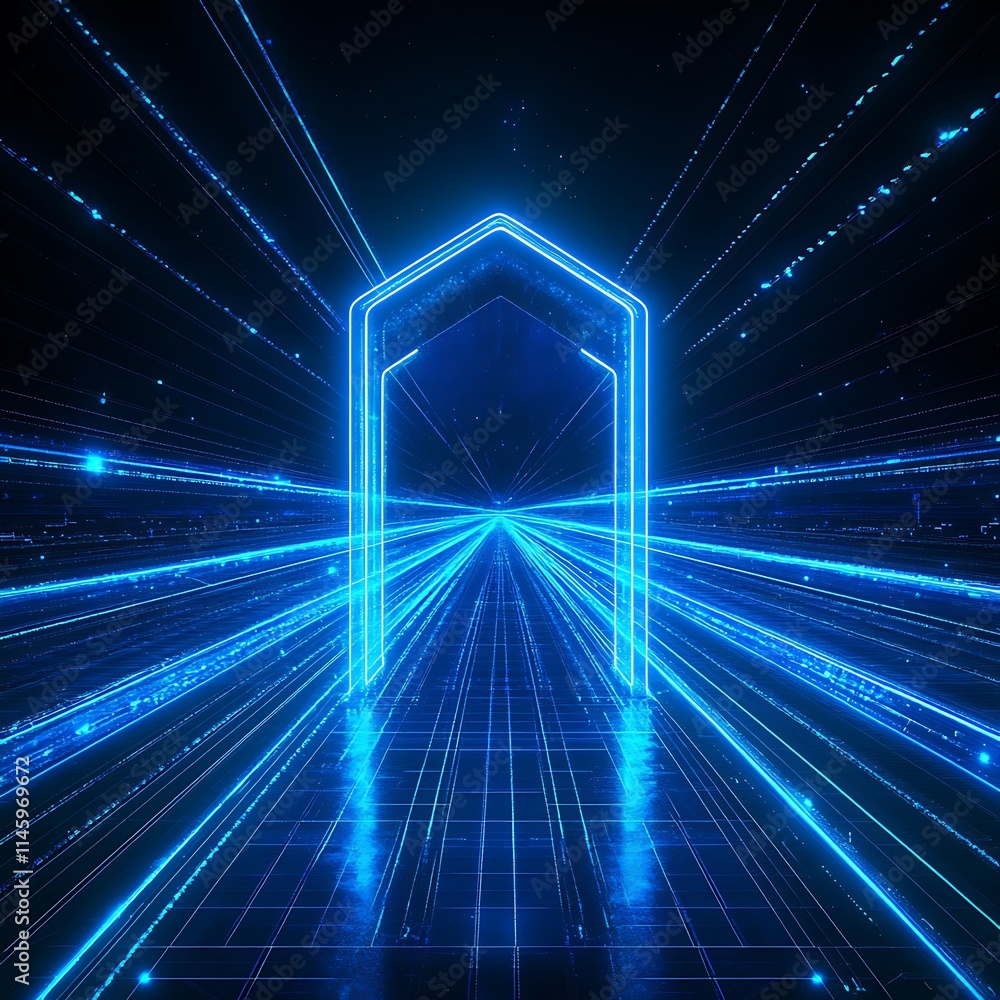 Poster futuristic neon portal with dynamic light effects and abstract digital design elements