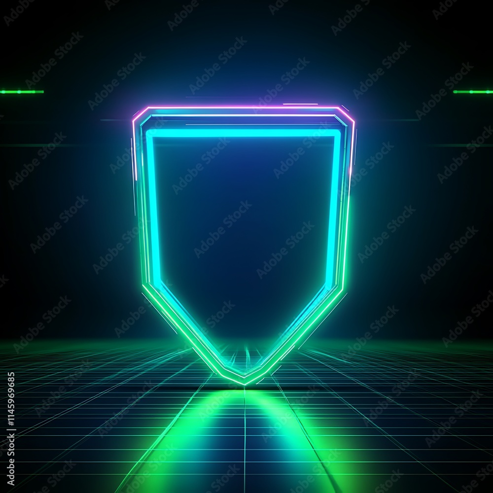 Poster futuristic neon shield outline with glowing edges on a dark background for digital art and design pr