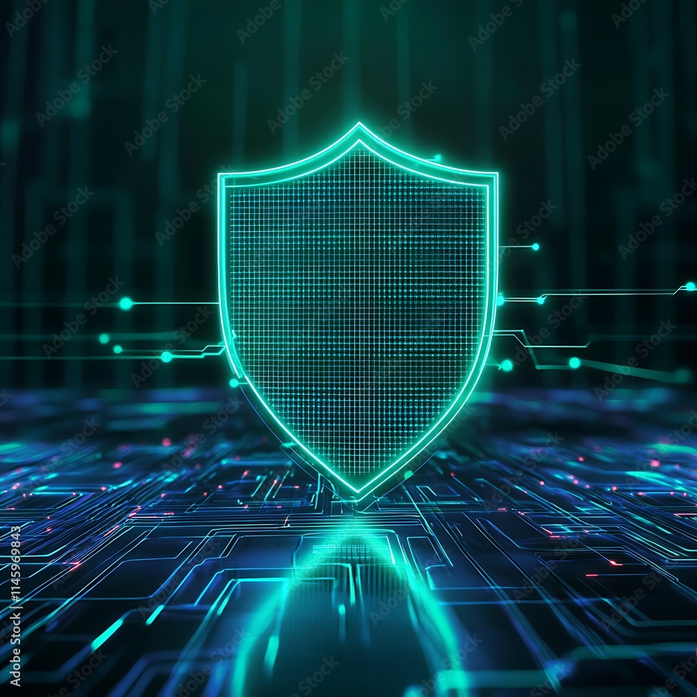 Poster futuristic secure shield concept with digital circuitry and glowing elements in high-tech background