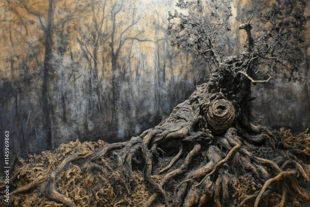 Aufkleber a tree stands tall with its roots digging deep into the forest floor