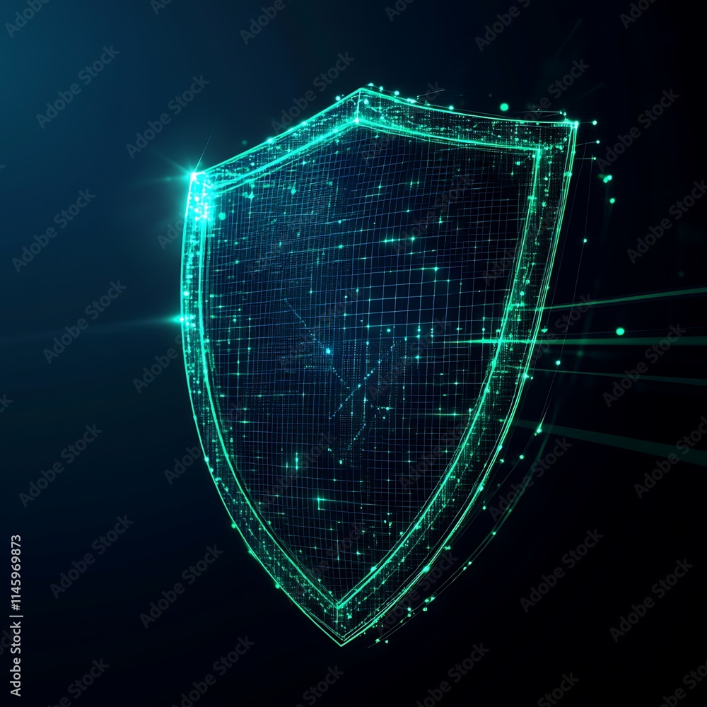 Poster futuristic shield design with digital effects and glowing lines representing cybersecurity protectio