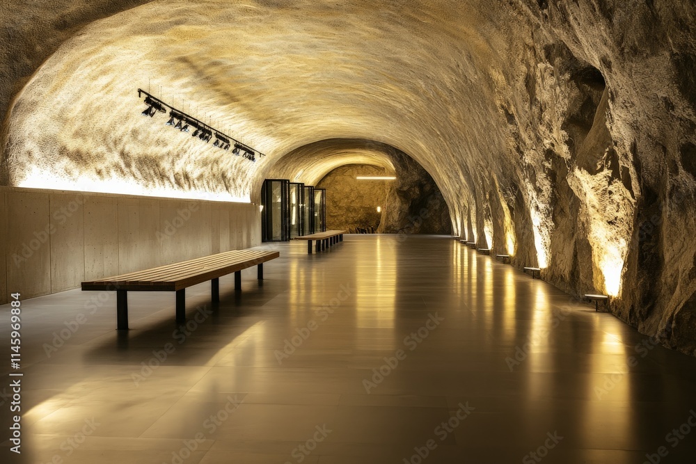 Poster A modern and stylish underground hallway with curved natural rock walls, featuring minimalistic designs and soft lighting creating an inviting ambiance.