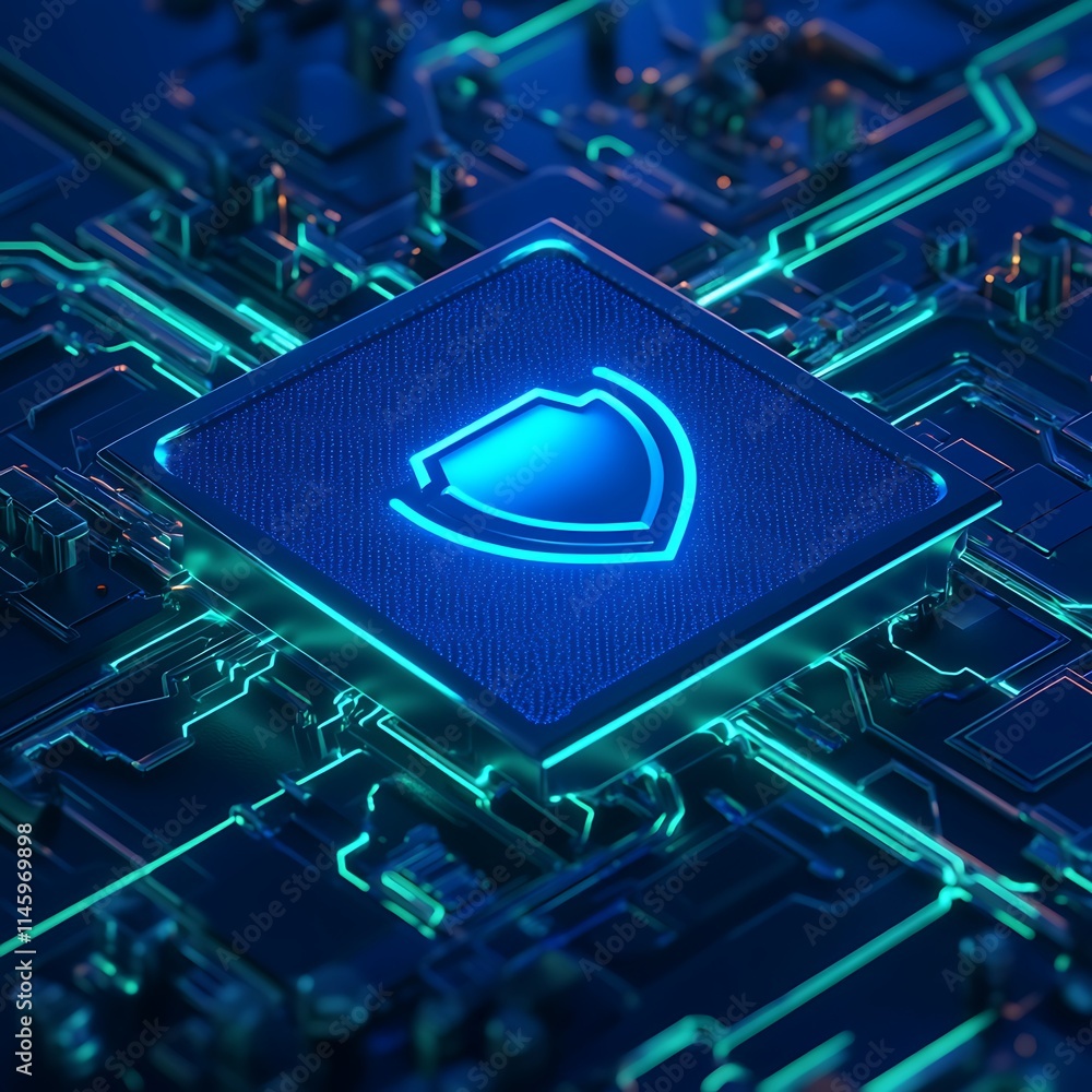 Aufkleber futuristic security chip design on circuit board with blue light and high-tech background elements