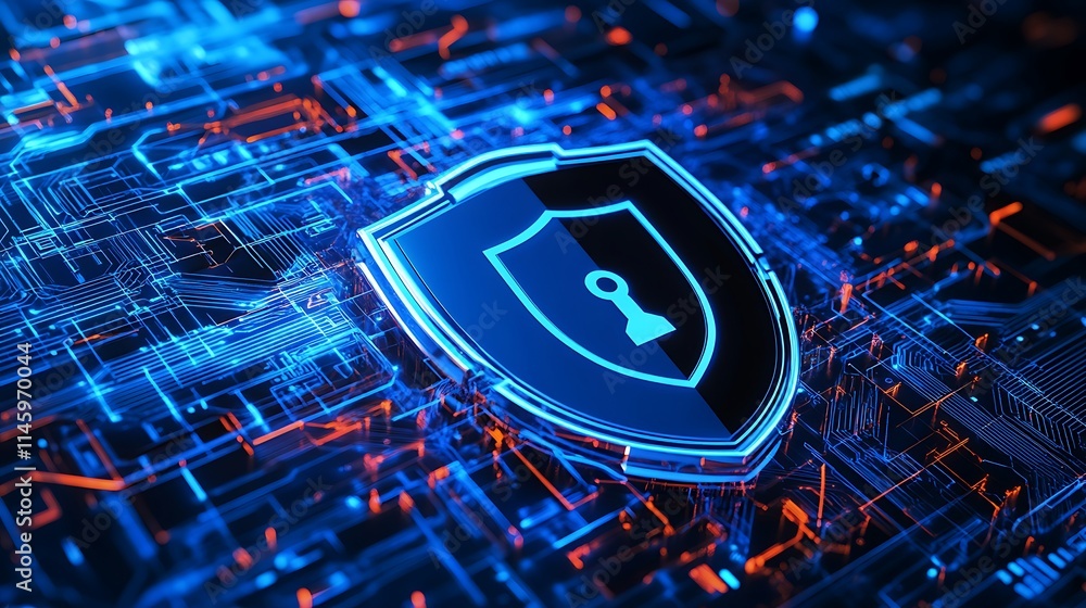 Poster futuristic shield icon with lock symbol on digital circuit background for cybersecurity concepts