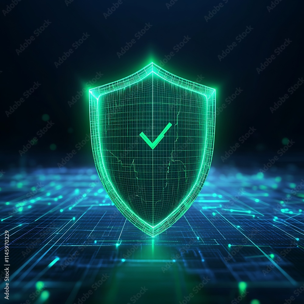 Poster futuristic shield with checkmark symbolizing digital security and protection in a modern network env