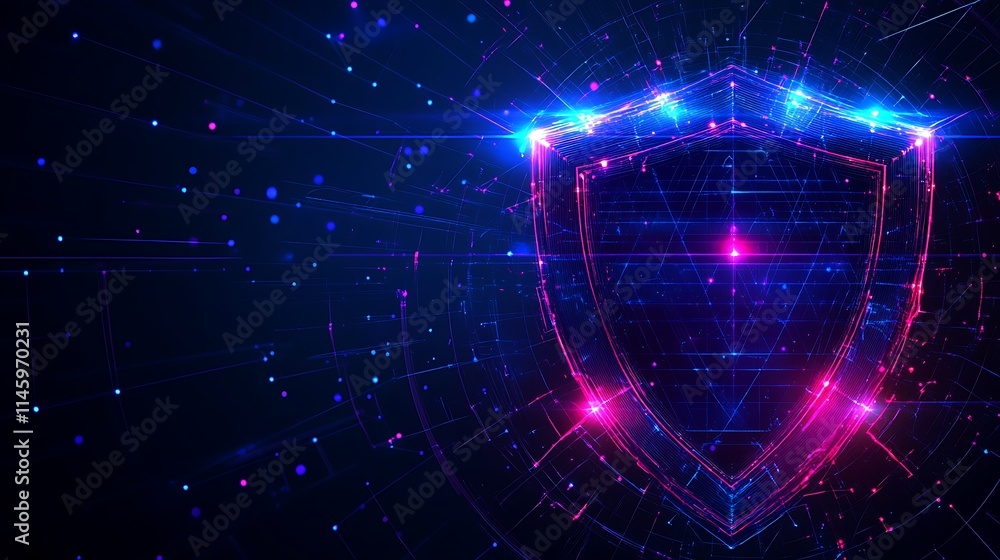 Poster futuristic shield technology background with glowing effects and digital elements for security conce