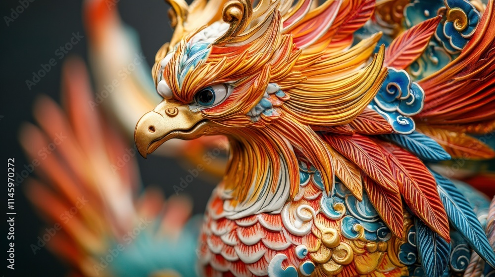 Poster vibrant and detailed close-up of a colorful phoenix sculpture showcasing intricate feather patterns 