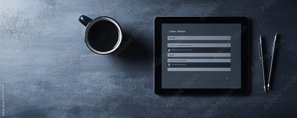 Poster a minimalist flat lay of a tablet and laptop showing login details and security verification screens