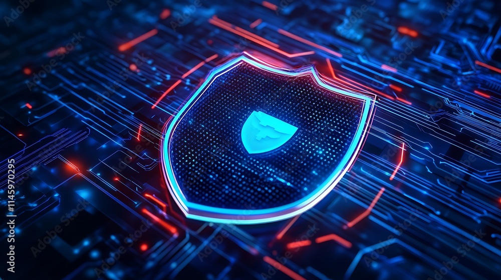 Poster futuristic shield with digital circuit background representing cybersecurity and data protection con