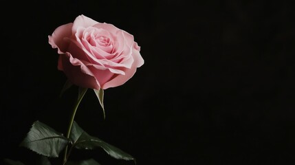 A single pink rose against a black background, close-up shot, Minimalist style