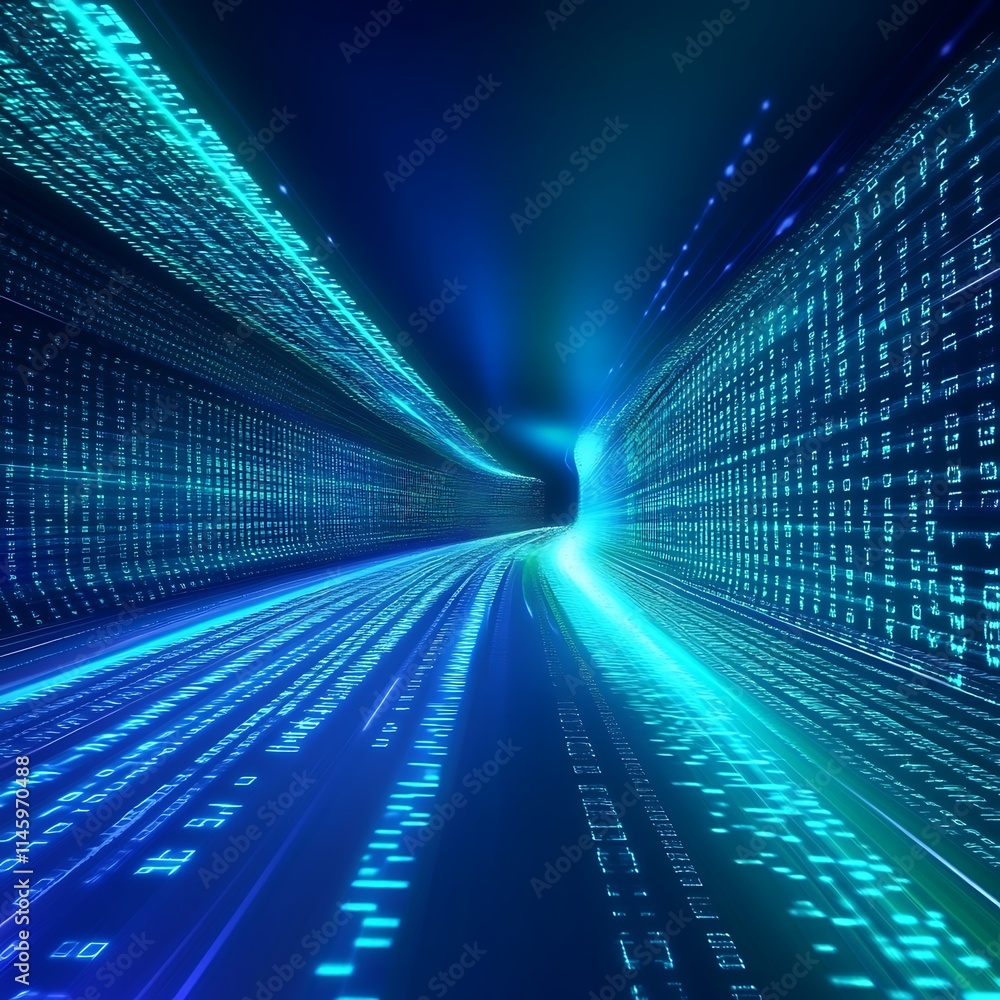 Poster glowing blue binary code stream representing fast data transfer in a digital environment