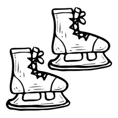 Hockey skates hand drawn doodle illustration. Sports equipment. Boots, shoes. Protective footwear with metal blade for high-speed skating on ice. Game, match. Vector line art.