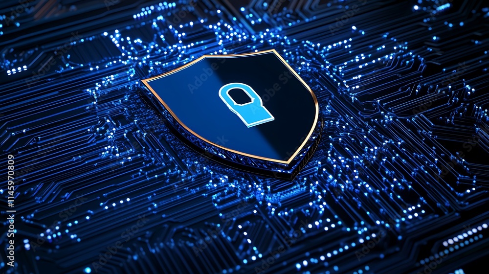 Poster modern cybersecurity shield on circuit board background for digital protection and technology concep