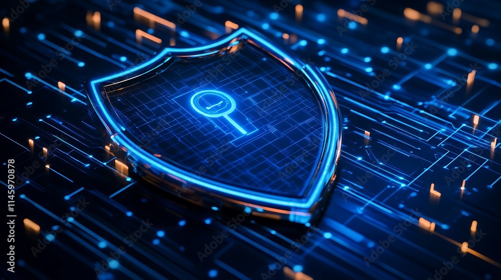 Poster neon shield icon with lock symbol on futuristic data background for cybersecurity concept