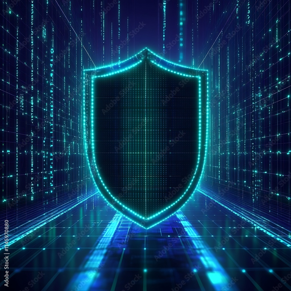 Aufkleber neon shield symbol in digital matrix background representing cyber security technology concept
