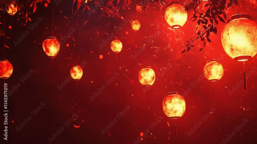 Aufkleber ethereal lanterns glowing in red with sparkles against a deep crimson background, creating a magical