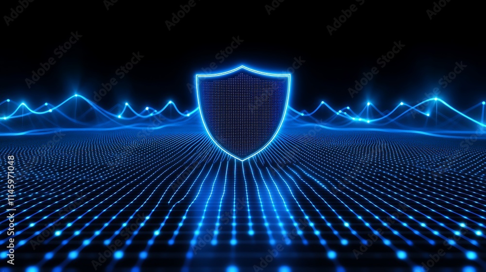 Poster neon shield symbolizing cybersecurity protection over digital network waves and data streams at nigh