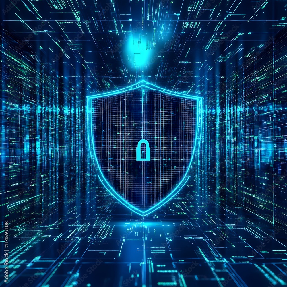 Poster secure digital shield with lock symbol in futuristic cyber environment representing data protection