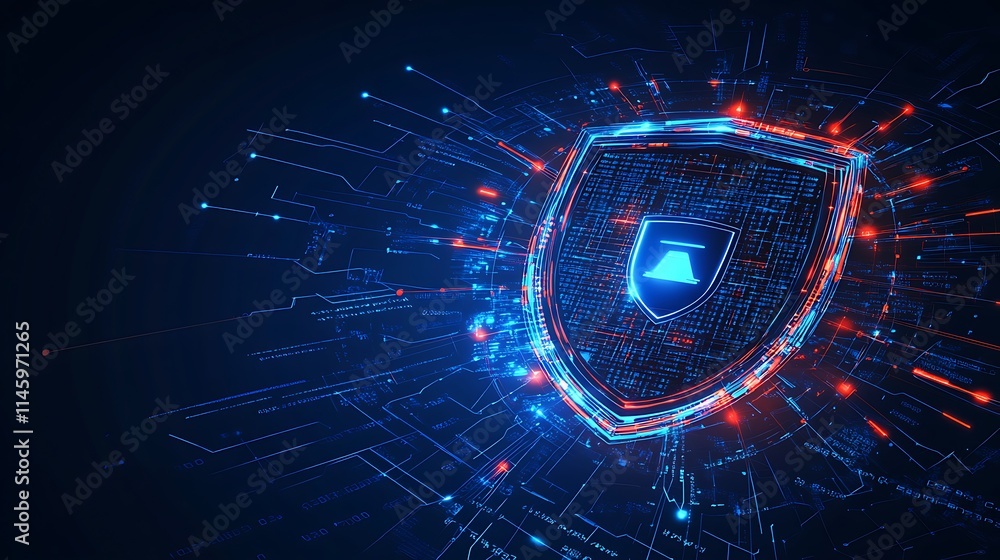 Poster vibrant digital shield with circuit patterns symbolizing cybersecurity and protection against threat