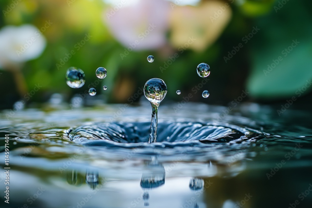 Poster a close-up of crystal-clear water droplets splashing with vibrant detail, embodying purity and refre
