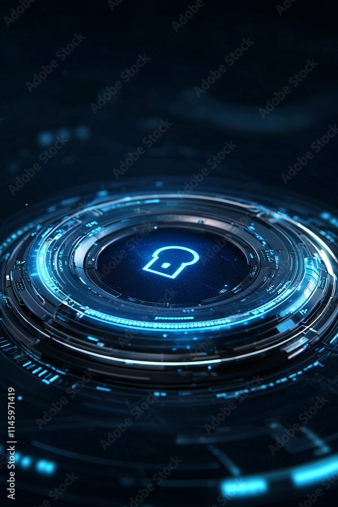Aufkleber register and enrollment security check, lock icon with digital firewall visuals, futuristic tech env